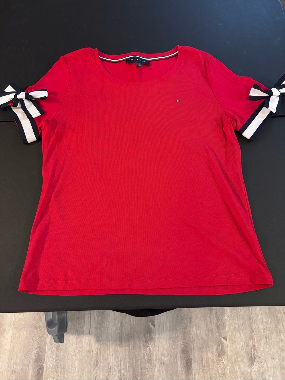 Women’s Tommy Hilfiger Bright Red Short Sleeve Top with Navy & White Bow Sleeves
